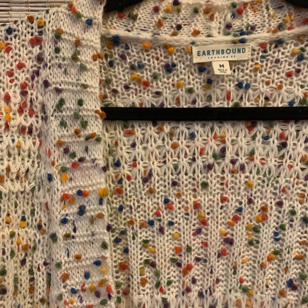 Multicolor Dotted Woven Cardigan by Earthbound - Colorful Rainbow Sweater Boho M